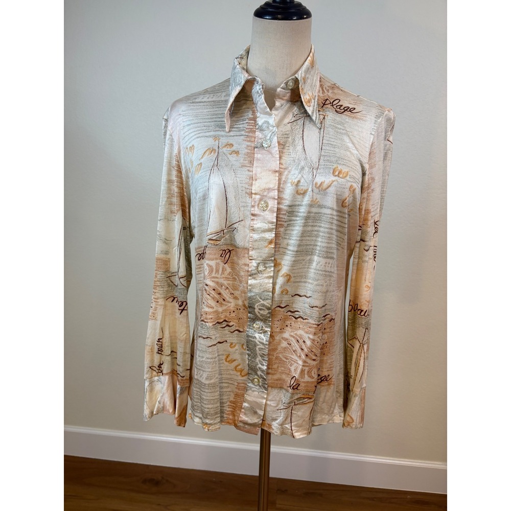 Vtg‎ 70s Domanique Button Down Shirt Women Tan Nylon Nautical Print Disco French